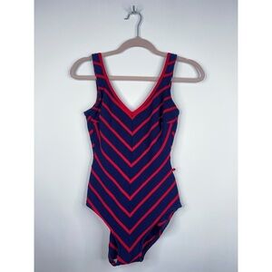 Vintage Robby Len Navy Blue Red Stripe One Piece Swimsuit Scrunch Fabric Medium